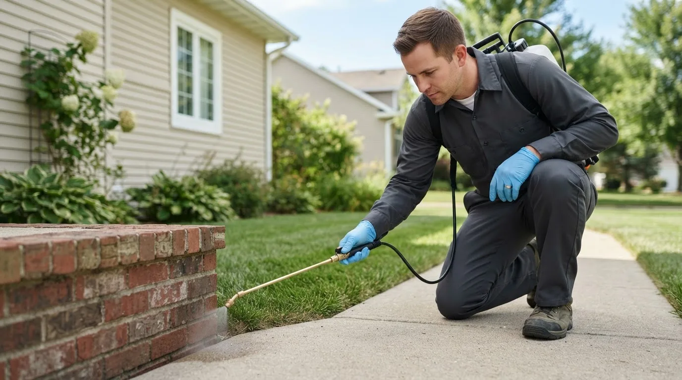 Pest control technician treating a home near River Falls, AL