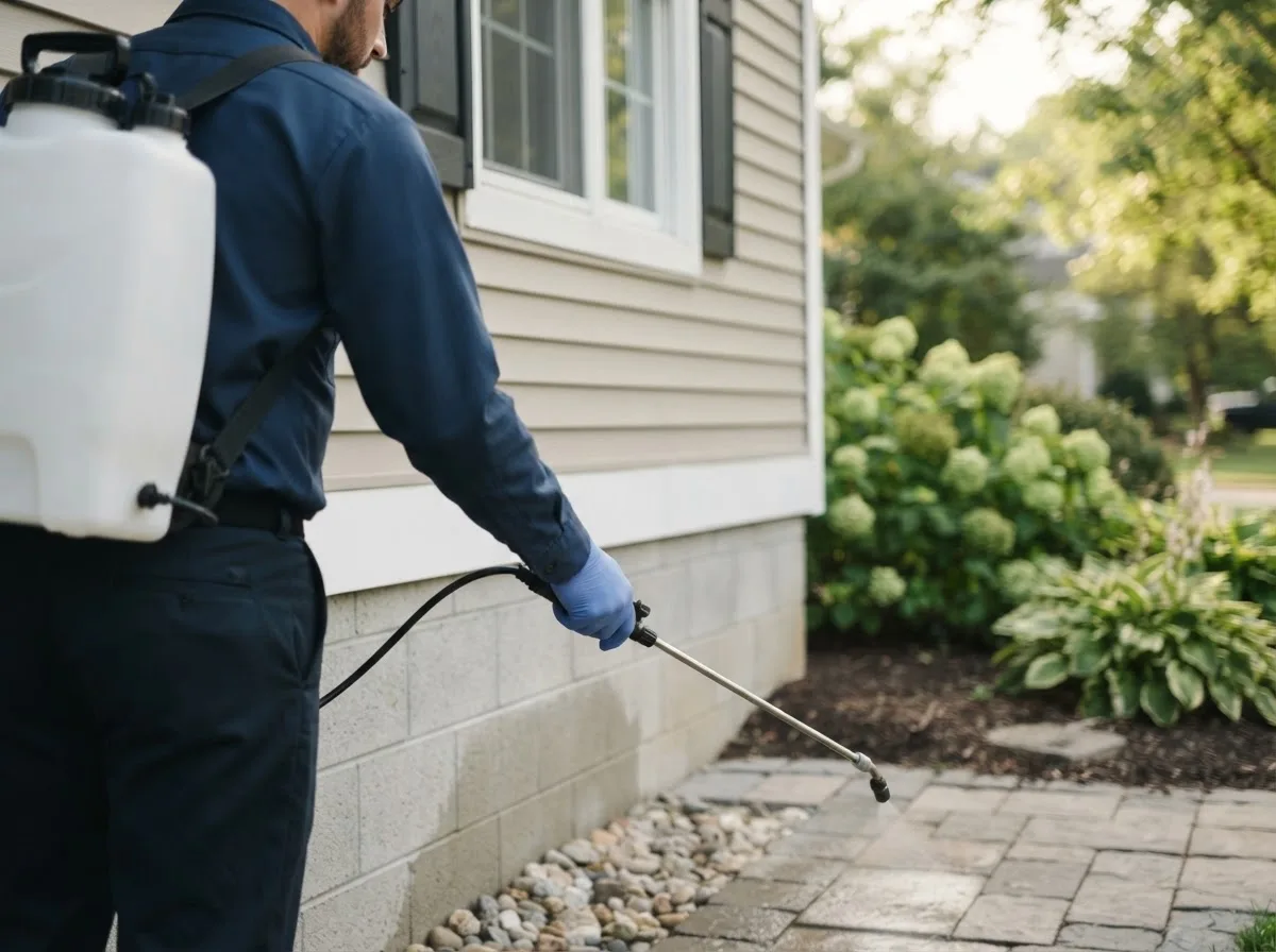Pest control technician inspecting a home in River Falls, AL